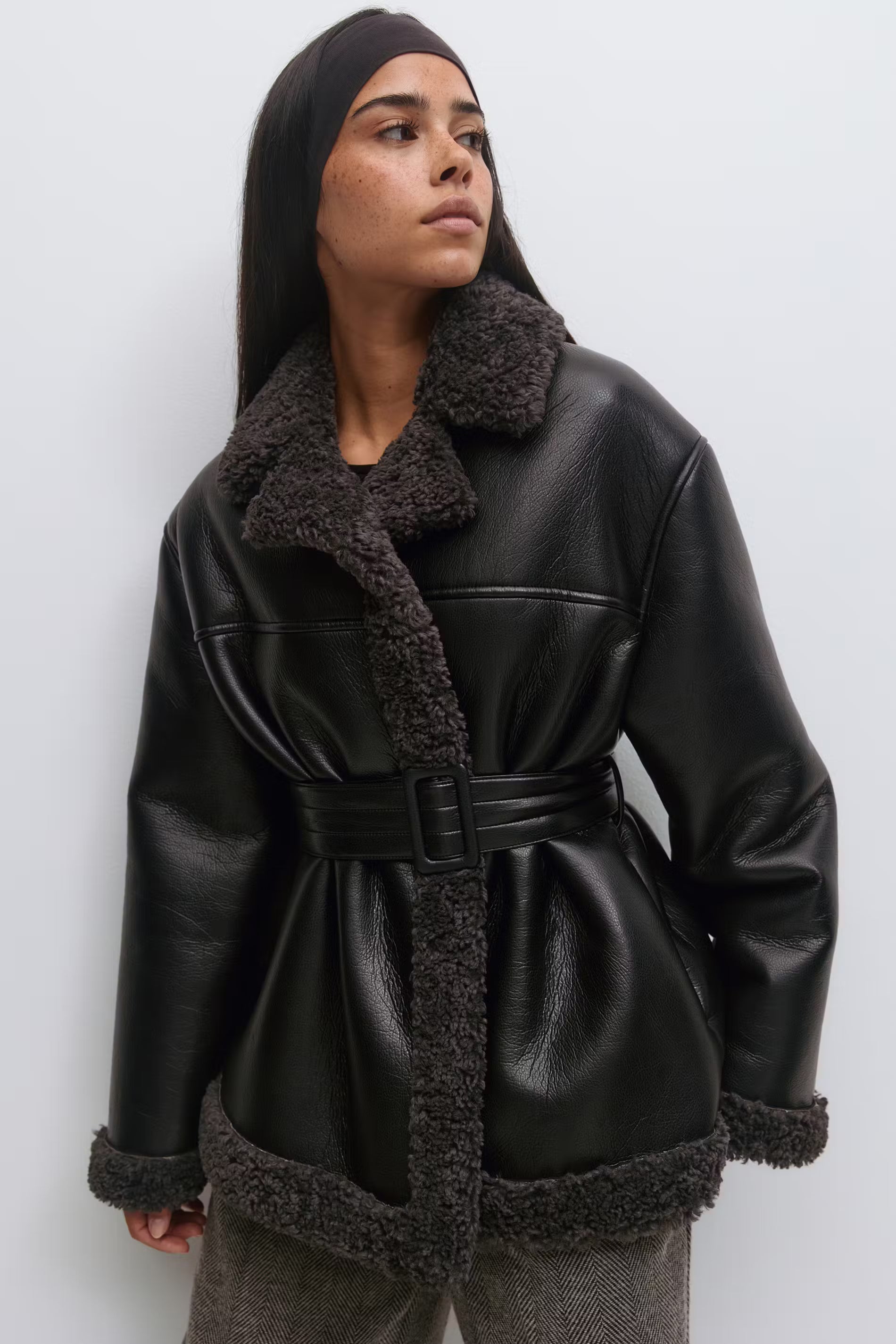 Teddy pu Belted Jacket