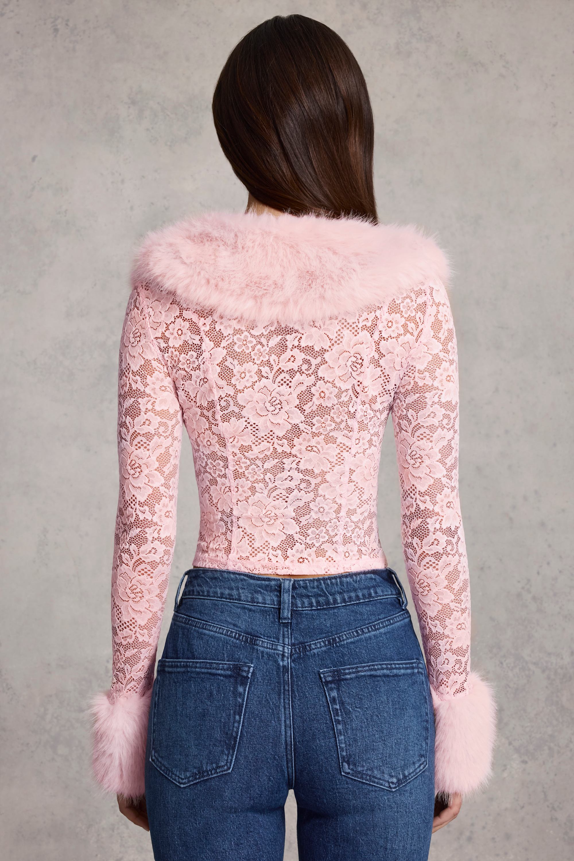 Faux Fur-Trim Lace Cardigan