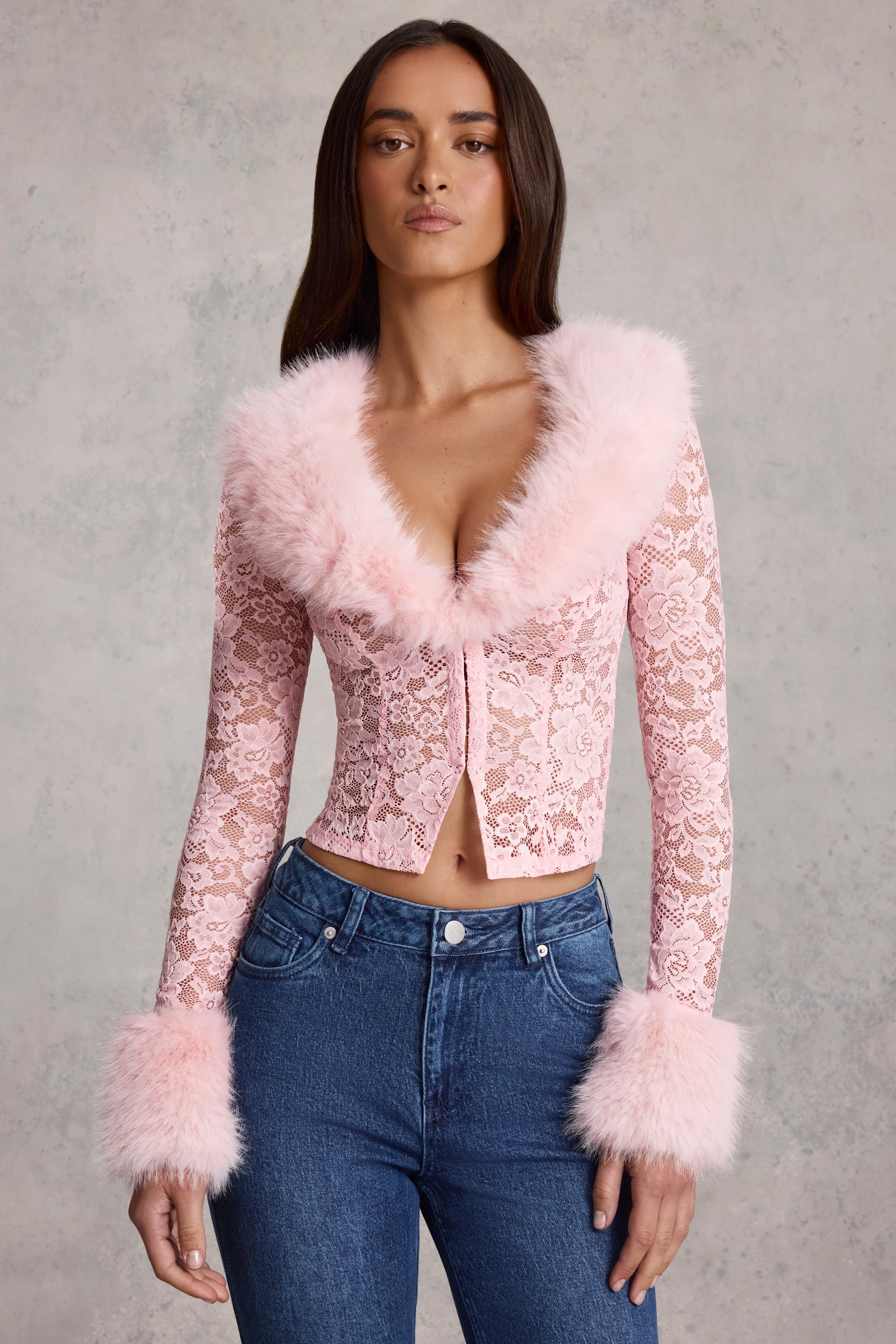 Faux Fur-Trim Lace Cardigan