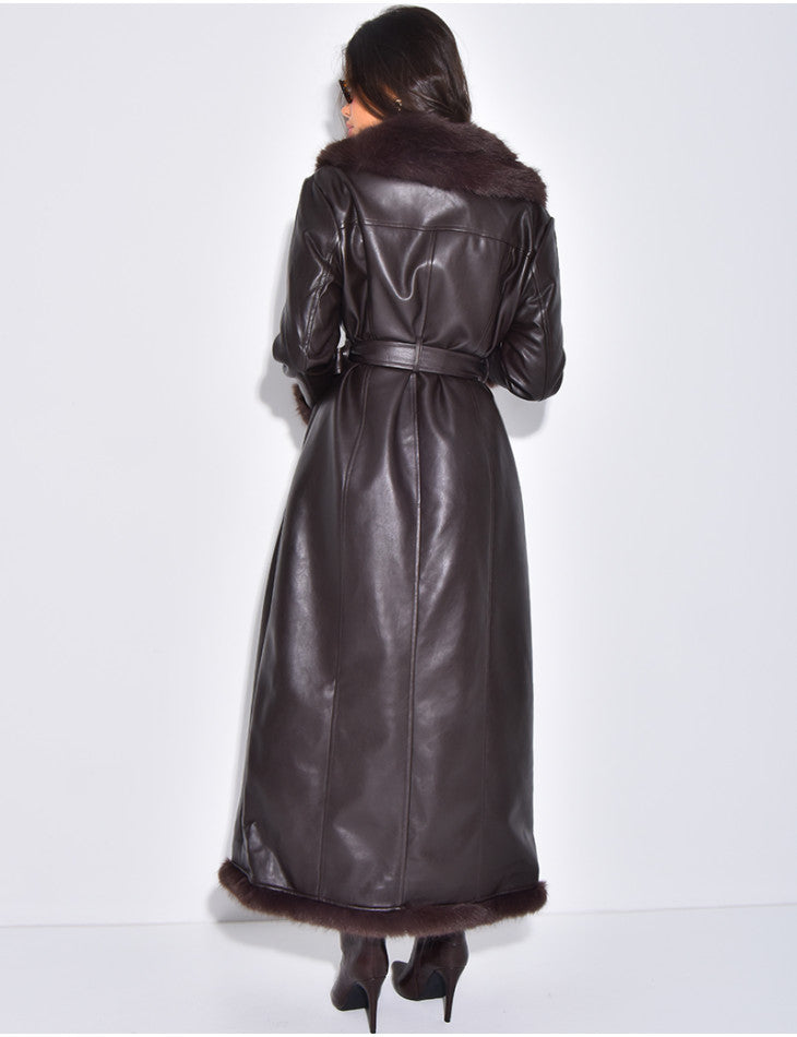 Cenya - Fur Collar Belted Leather Coat - Brown